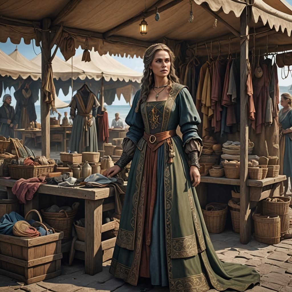 Medieval Lady Shopkeeper at Seaside Stall