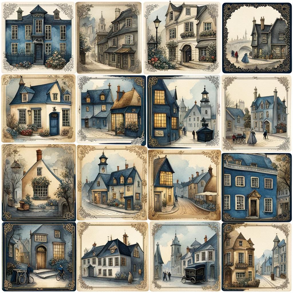 Vintage English Village Gothic Watercolor Scrapbook Elements