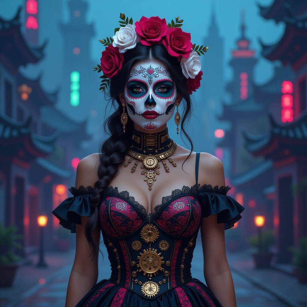 Biomechanical Day of the Dead Woman in Cyberpunk Style