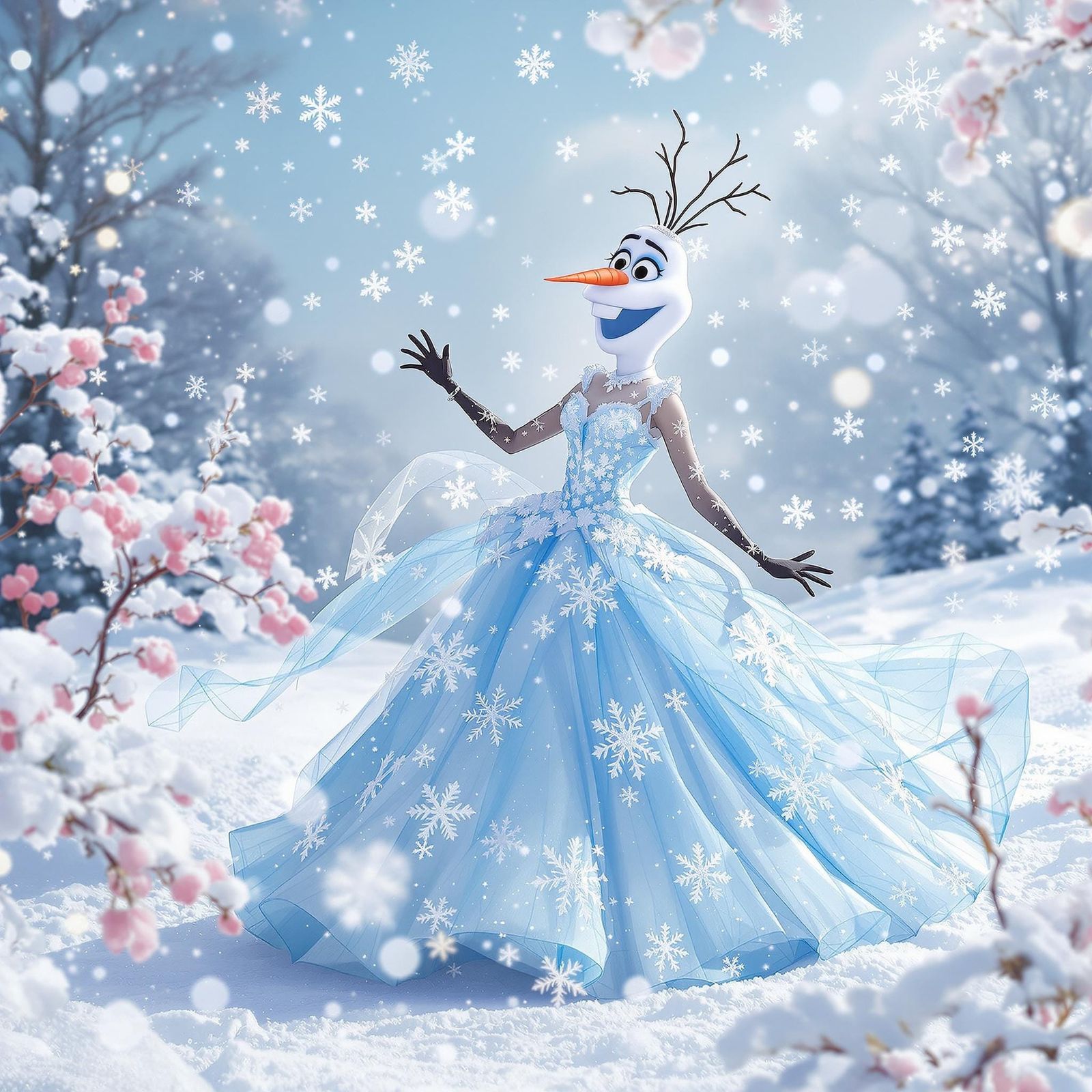 Olaf as Feminine Snow Woman in Pastel Landscape