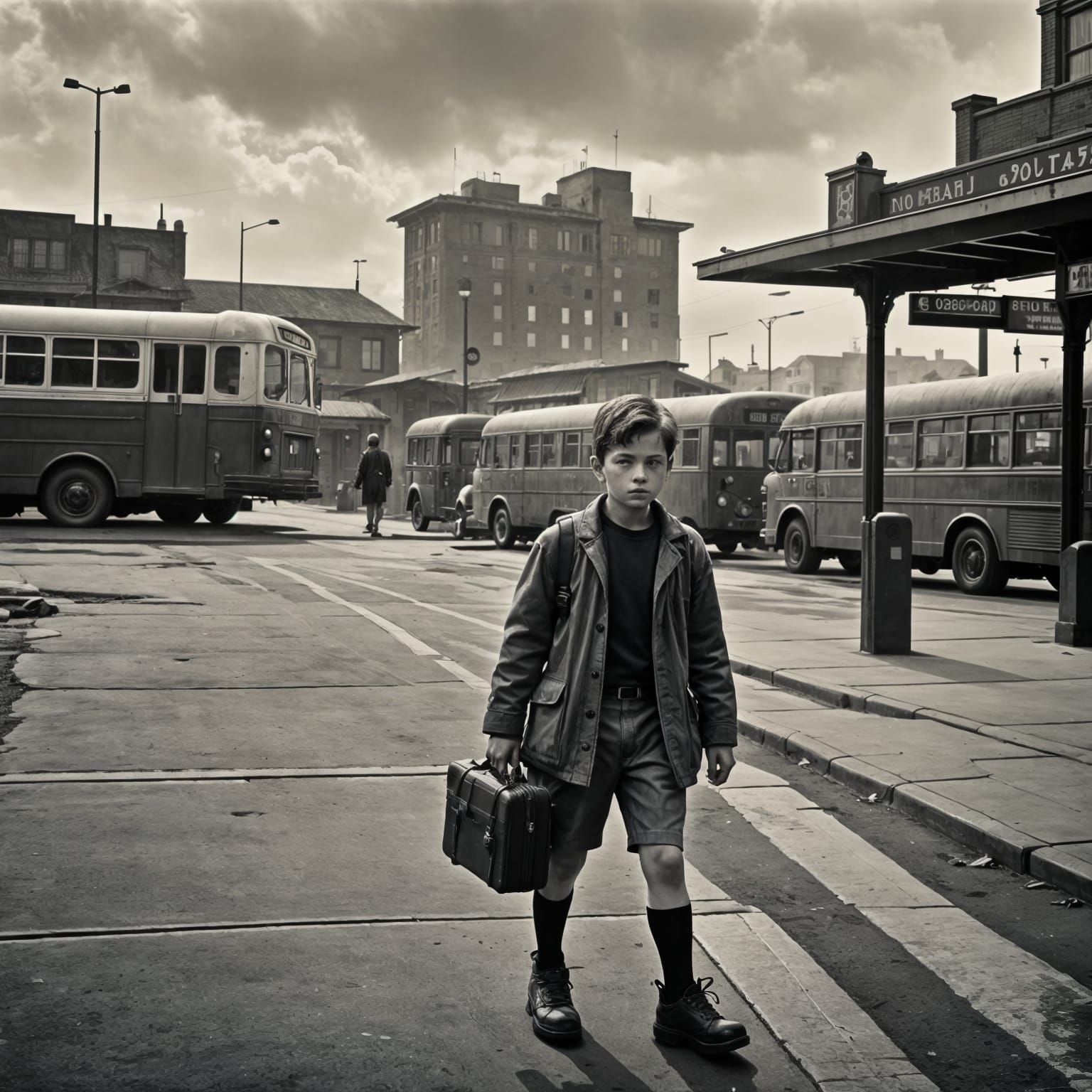 Boy at Bus Station in Black and White Fantasy Style