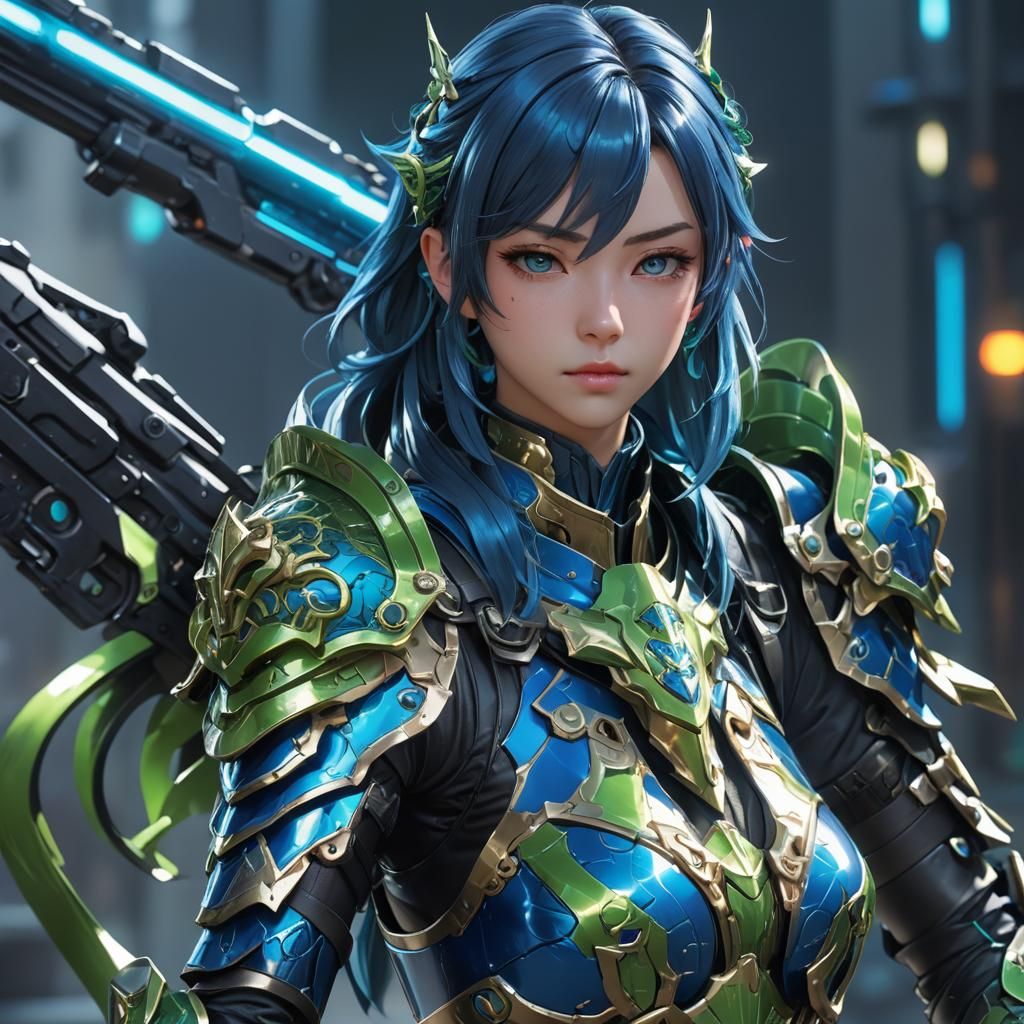 Anime Girl in Blue and Green Armor Holding Gun