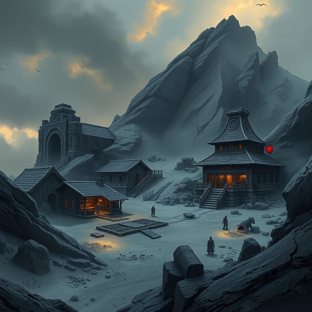 Cyberpunk-Inspired Ash-Shrouded Outpost in a Gritty, Realist...