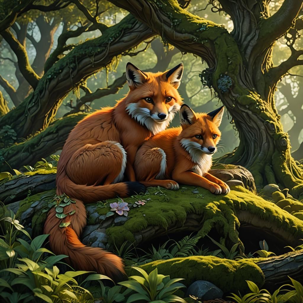 Fox Family Resting in Art Nouveau Style