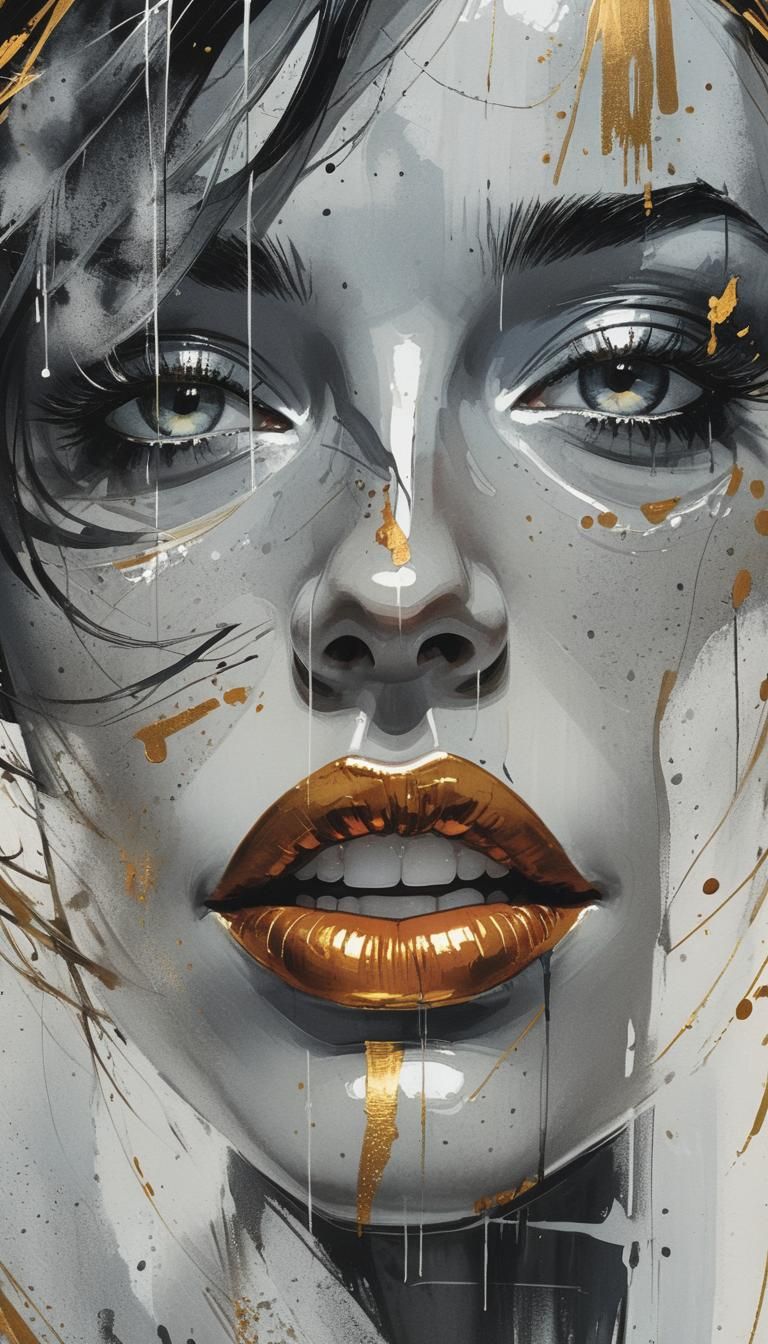 xpressive Line Art. Close-up portrait. A woman's face with defined features, few loose strands of hair, and a subtle, en...