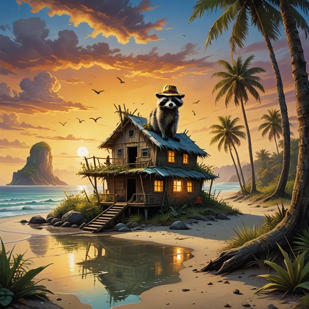 Raccoon Castaway Builds Hut: Impressionistic Surrealism