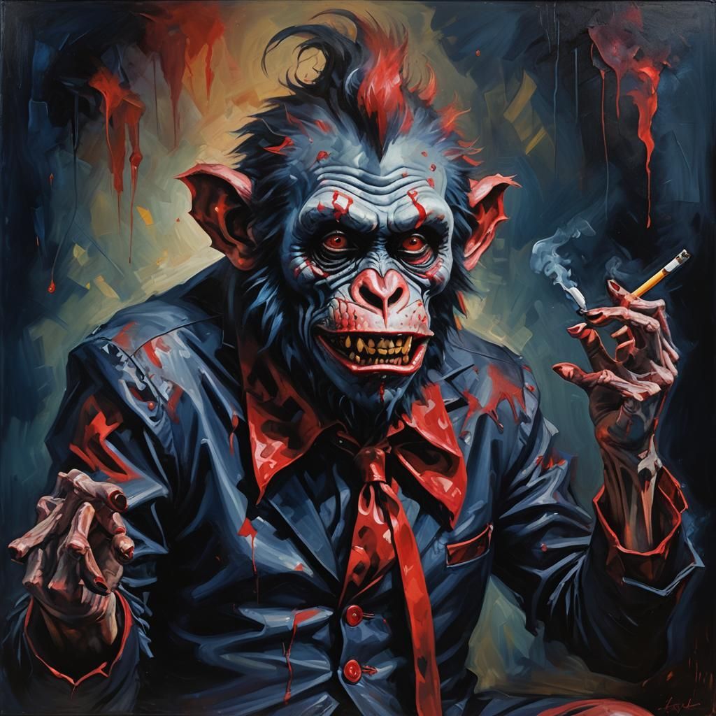 Zombie Monkey Clown Plays Jazz: Expressionist Oil Painting