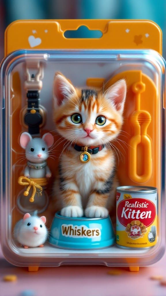 Hyperrealistic Toy Kitten Blister Pack Toy Case Scene