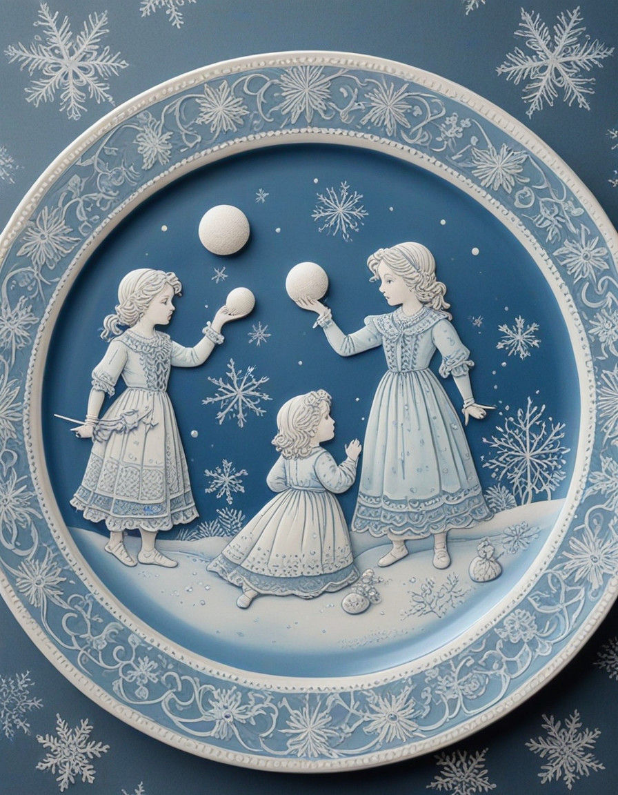 Victorian Children Play Snowballs Around a Delicate Blue Pla...