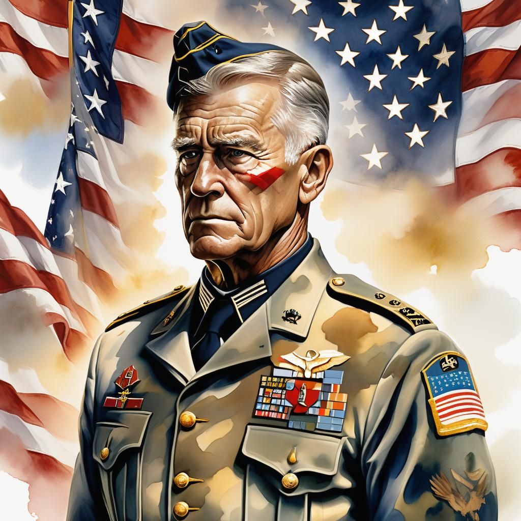 Proud Veteran in Superimposed Uniform Against Watercolor Fla...