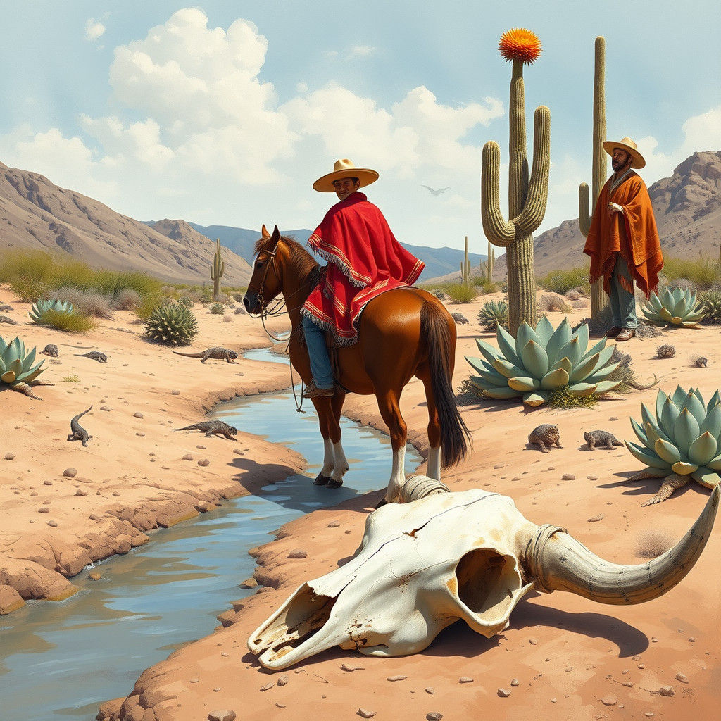 Vaquero Bandito in Arid Baja California as Gouache Painting