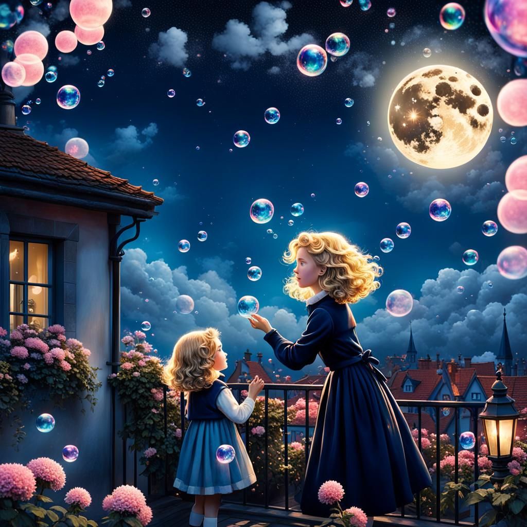 Woman Gazing at Bubbles Under Moonlit Sky
