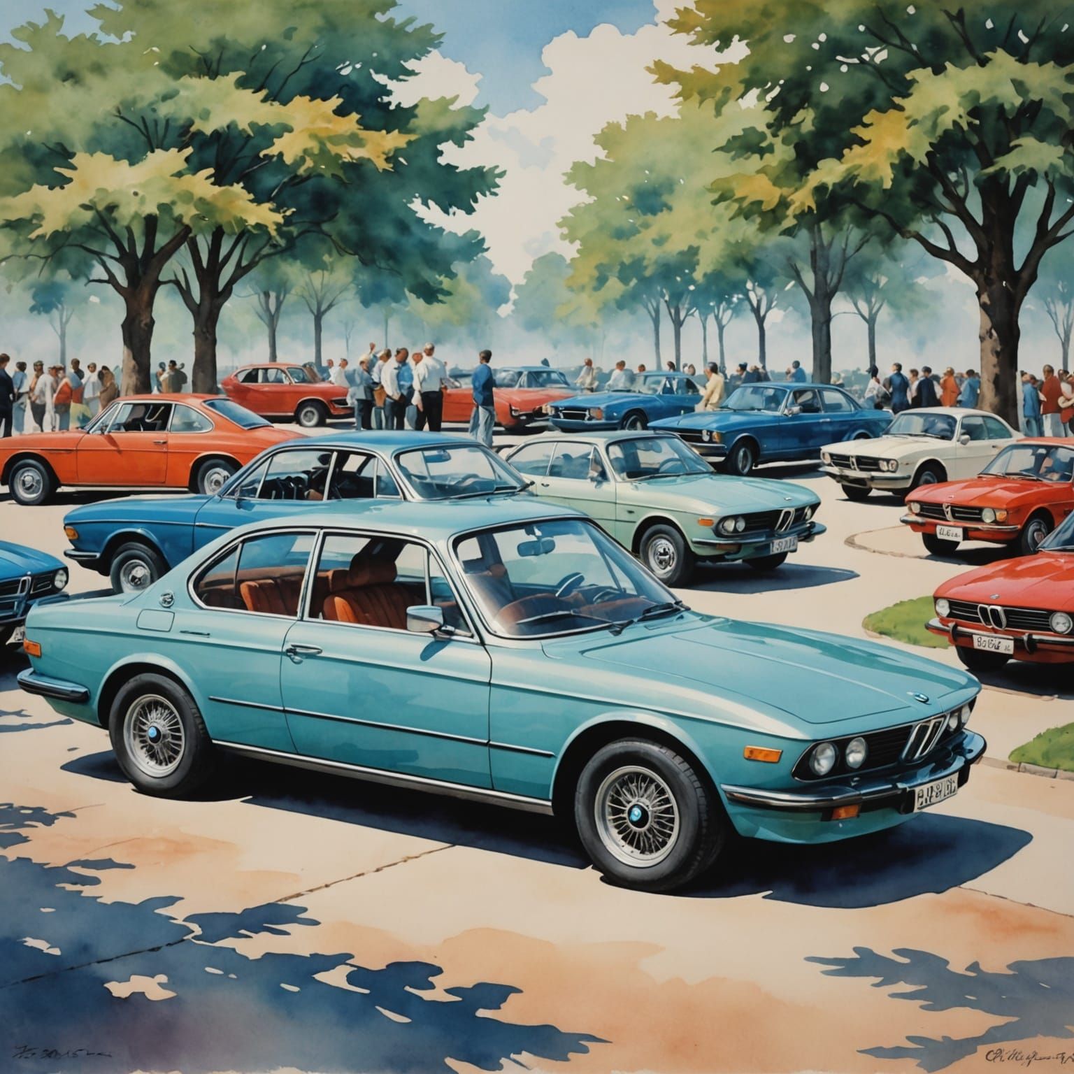 Whimsical Watercolor of Cars in Tai Chi Class