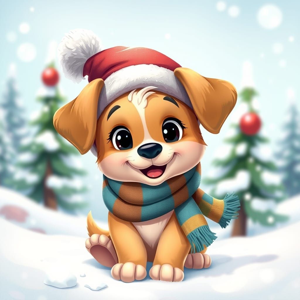 Whimsical Puppy in Winter Wonderland: Cartoon Style