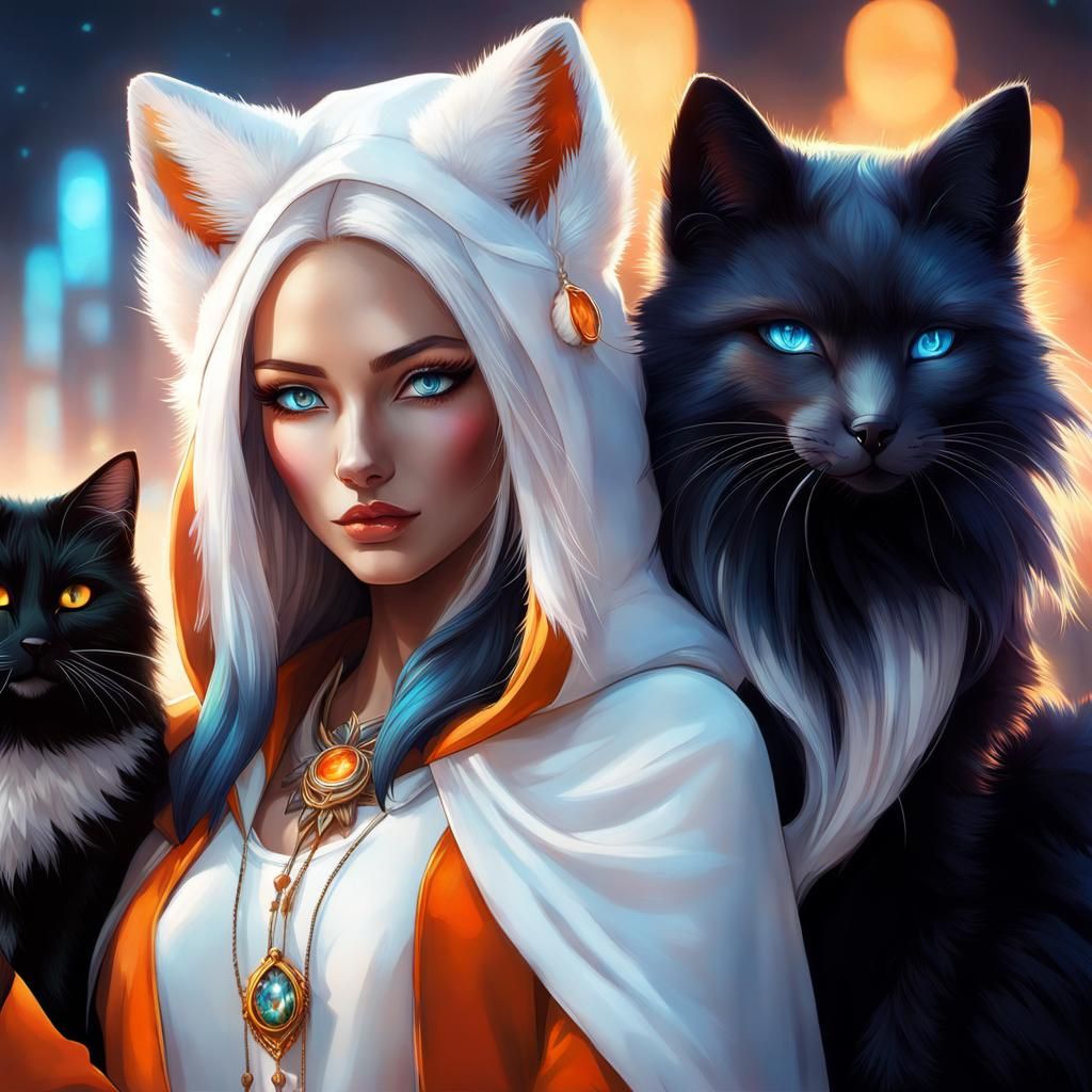 Fox Woman and Cat Woman Embrace: Fantasy Art