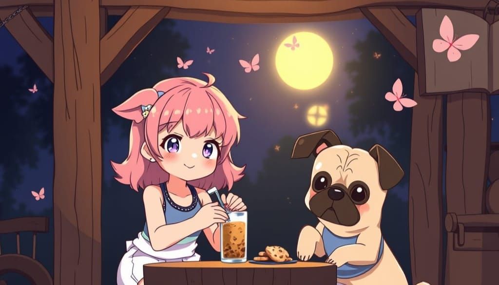 Cute Anime Girl Sits on Forge at Night with Pug Puppy