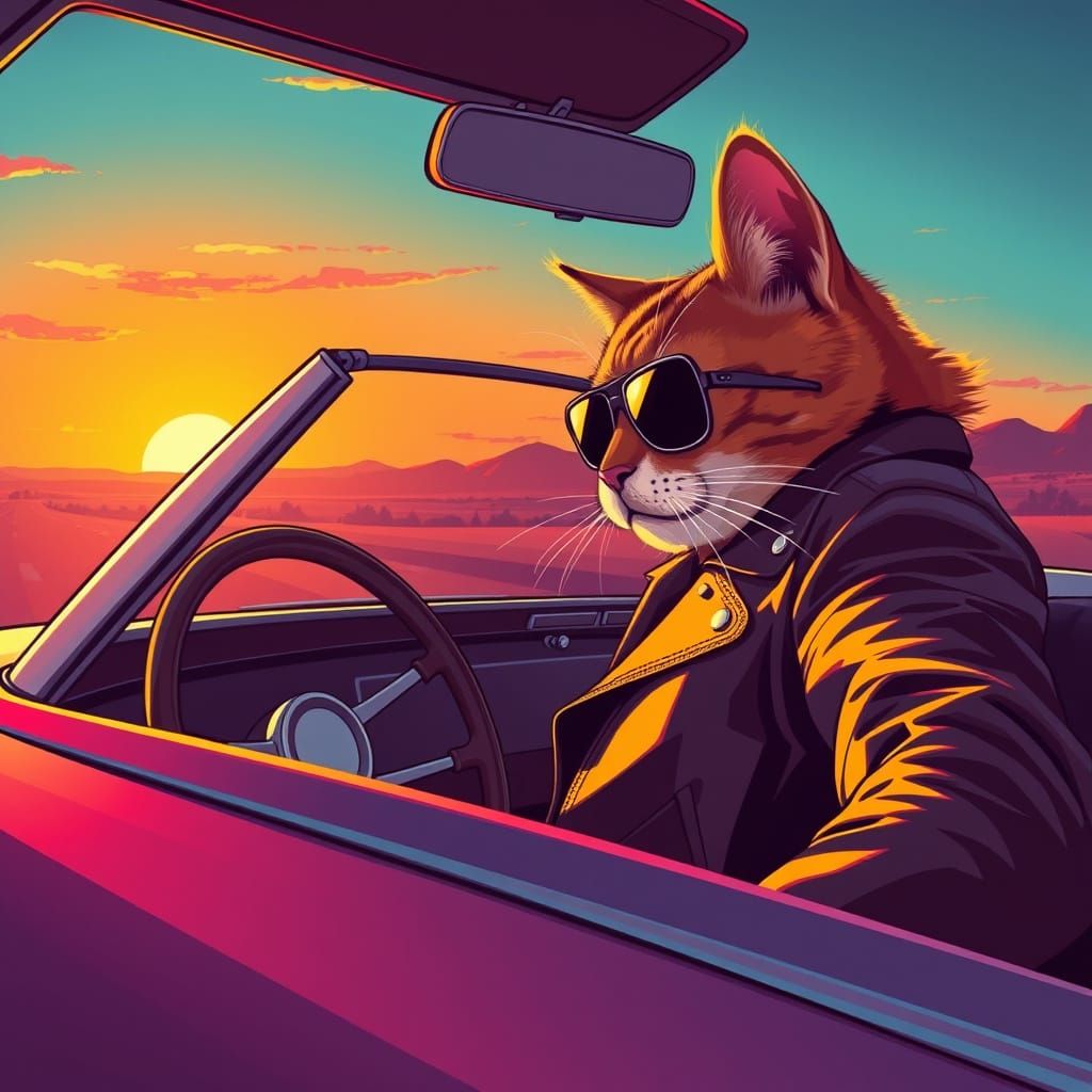 Cool Cat Driving Car at Sunset in Stylized Visuals