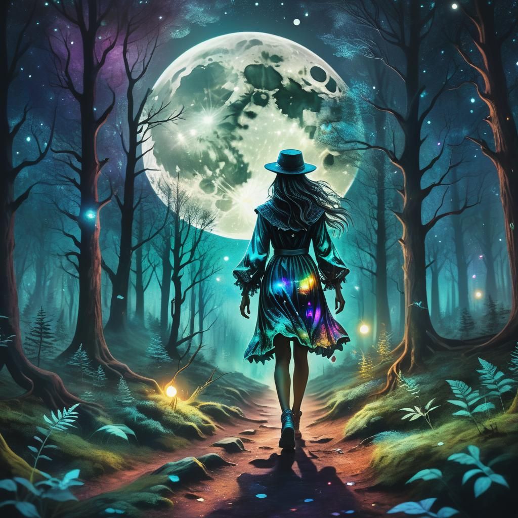 Cosmic Witch Stroll Under Full Moon