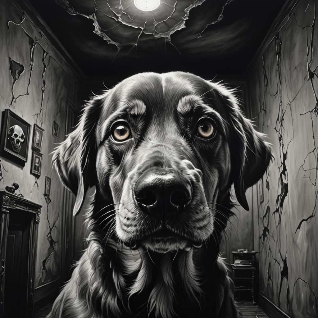 Eerie Smile Dog Portrait in Dark Surrealism Style