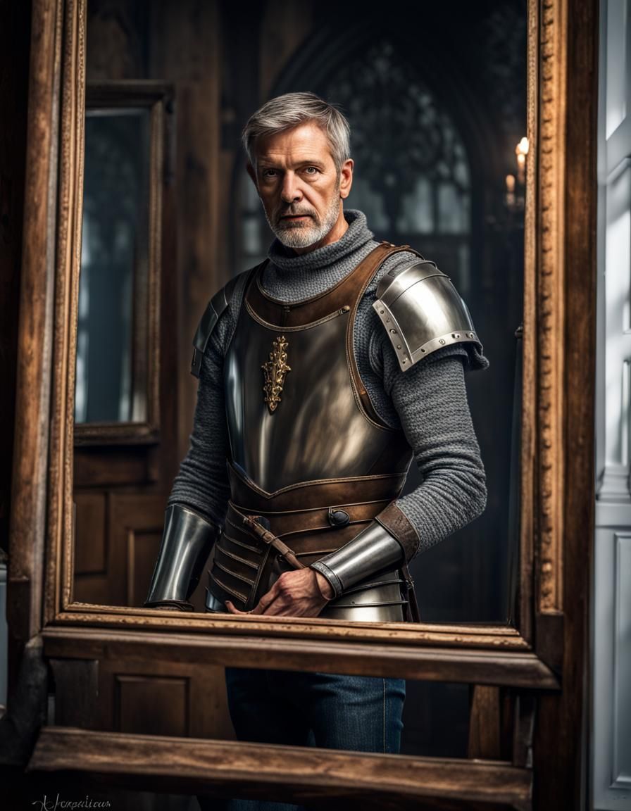 Medieval Knight Reflection in Hyperrealistic Style