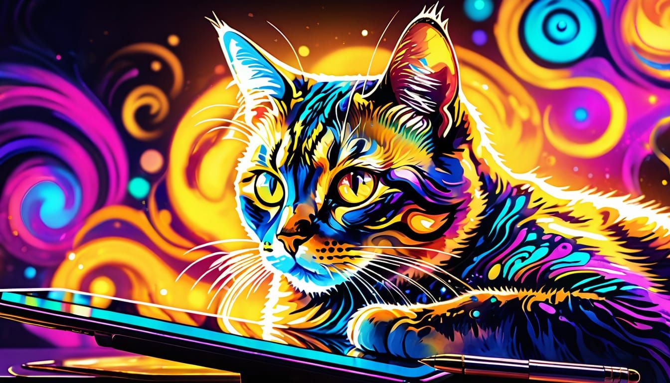 Gen Z Cat Vlogging, Alcohol Ink Digital Art