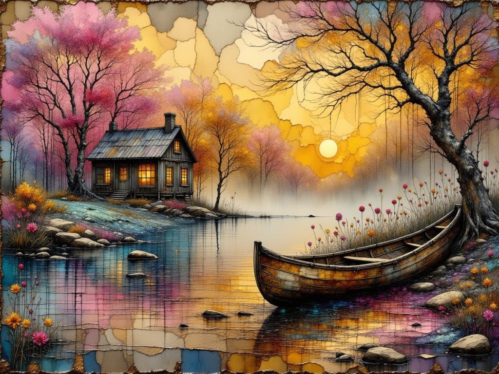 Muted Magical Realism Canoe by Multicolored River