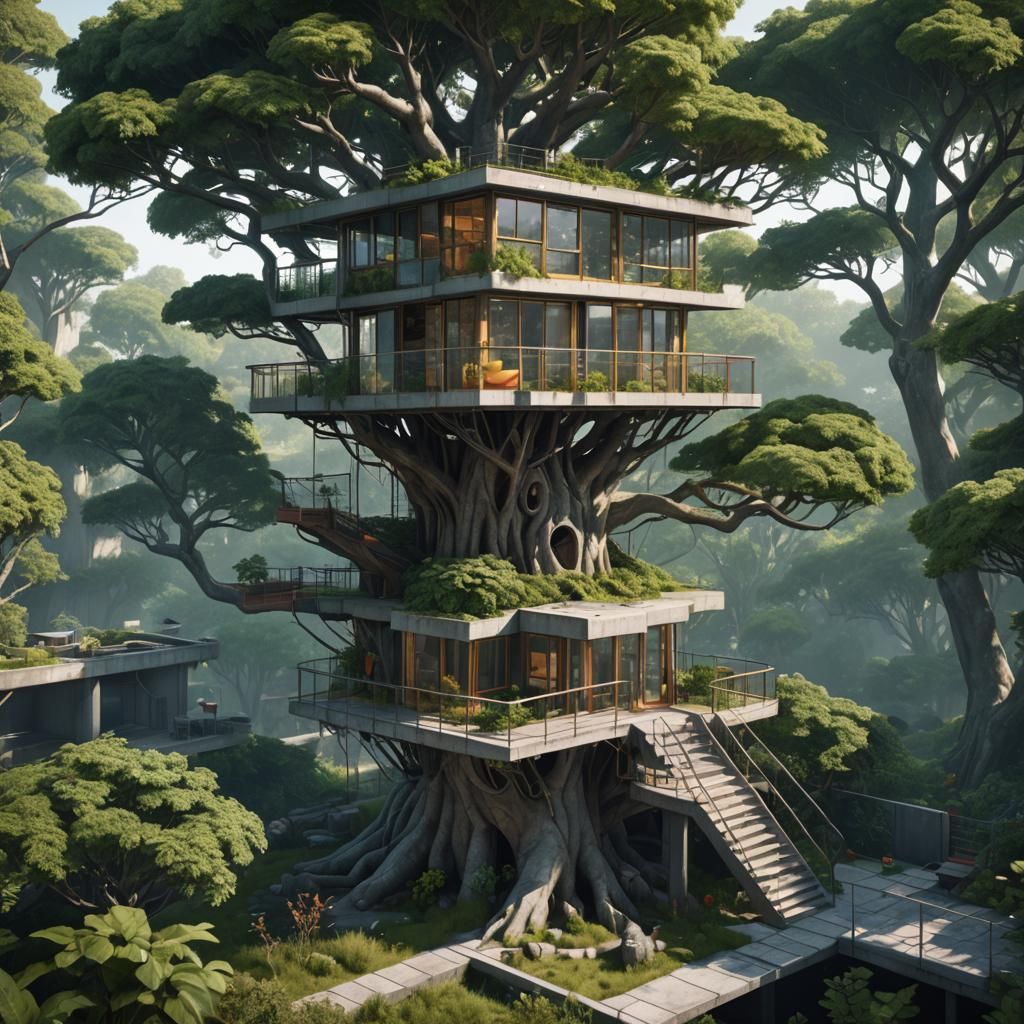 Realistic Postmodern Treehouse in Detailed Matte Painting