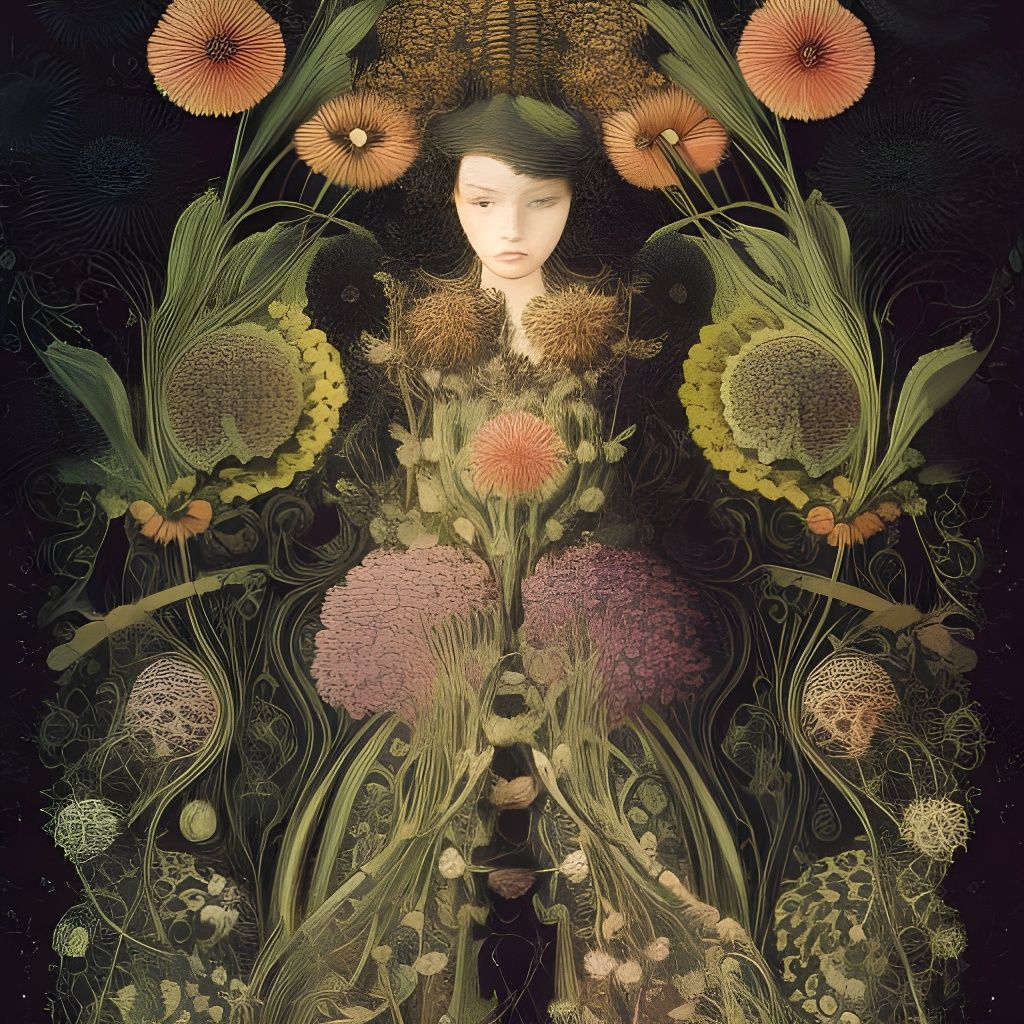 Girl Holding Flowers in Biological Illustration Style