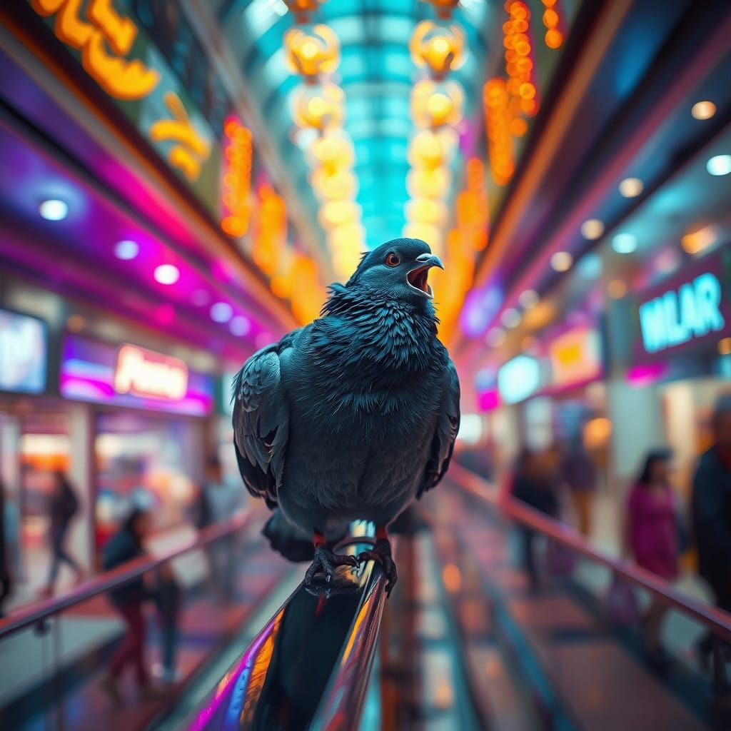 Electric Futuristic Pigeon in Neon Mall
