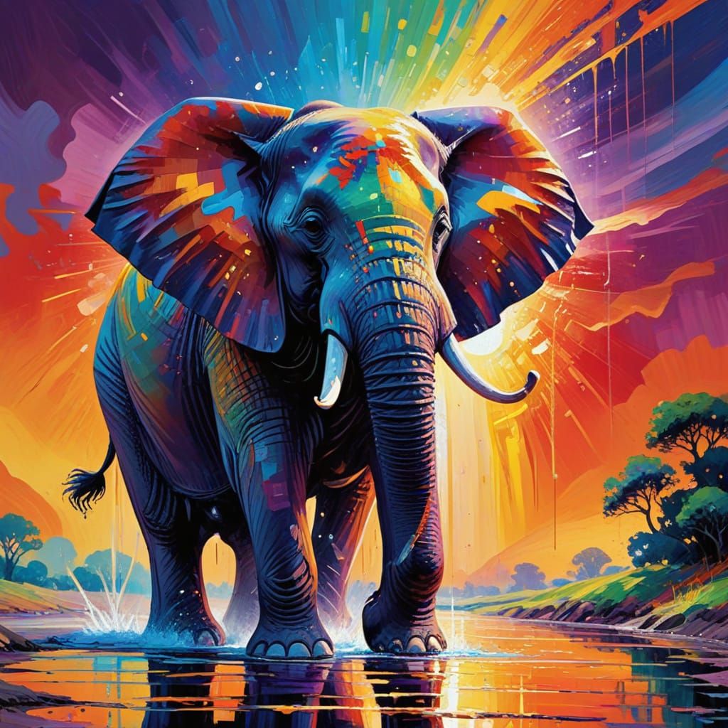 Elephant in Vibrant Abstract Art Under Sunlight