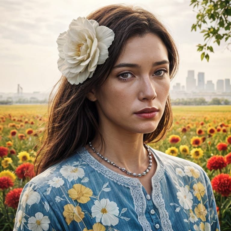 Woman in Flowers, Photorealistic Hyperdetailed Rendering