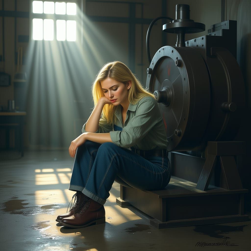 Lonely Woman Finishes Work at Factory