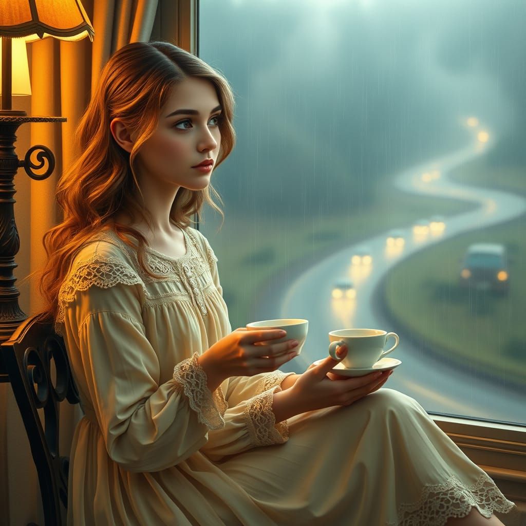 Serene Woman Sits by Rainy Window in Cozy Vintage-Inspired H...