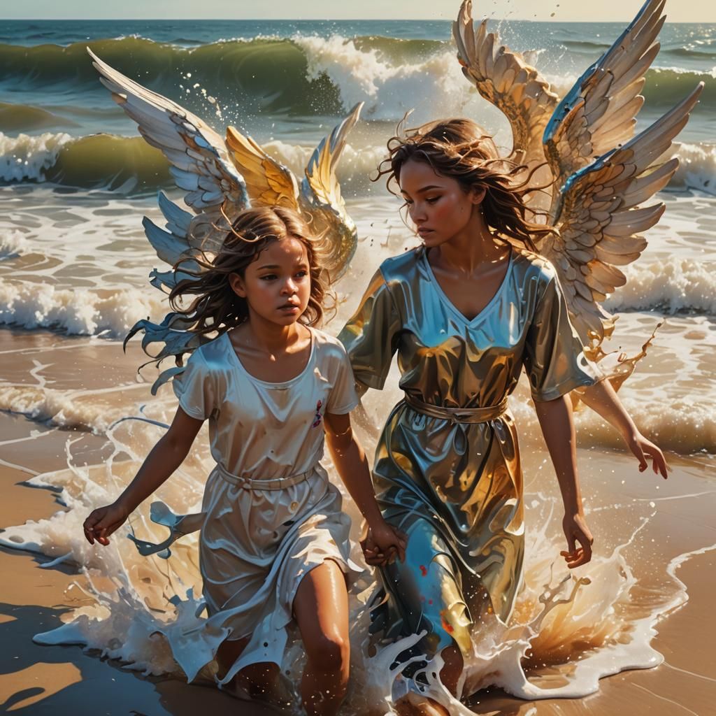 Angels at the Beach in Hyperrealistic Splash Art