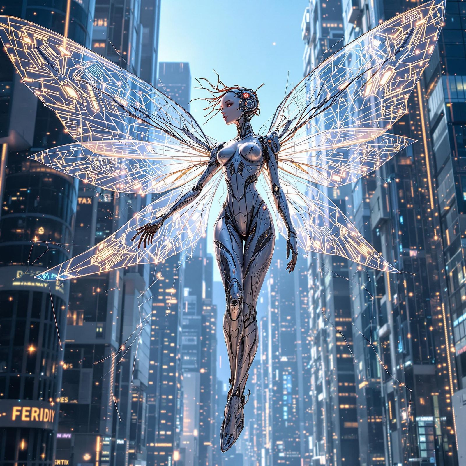 Biomechanical Fairy Amidst Neon Cityscape in Cyberpunk Style