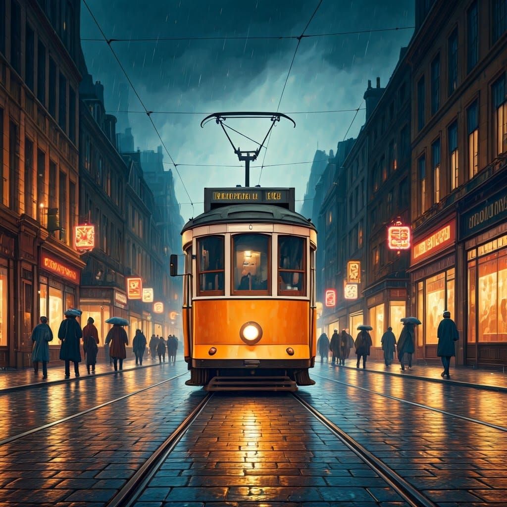 Vintage Watercolor Tram on Rainy European Street