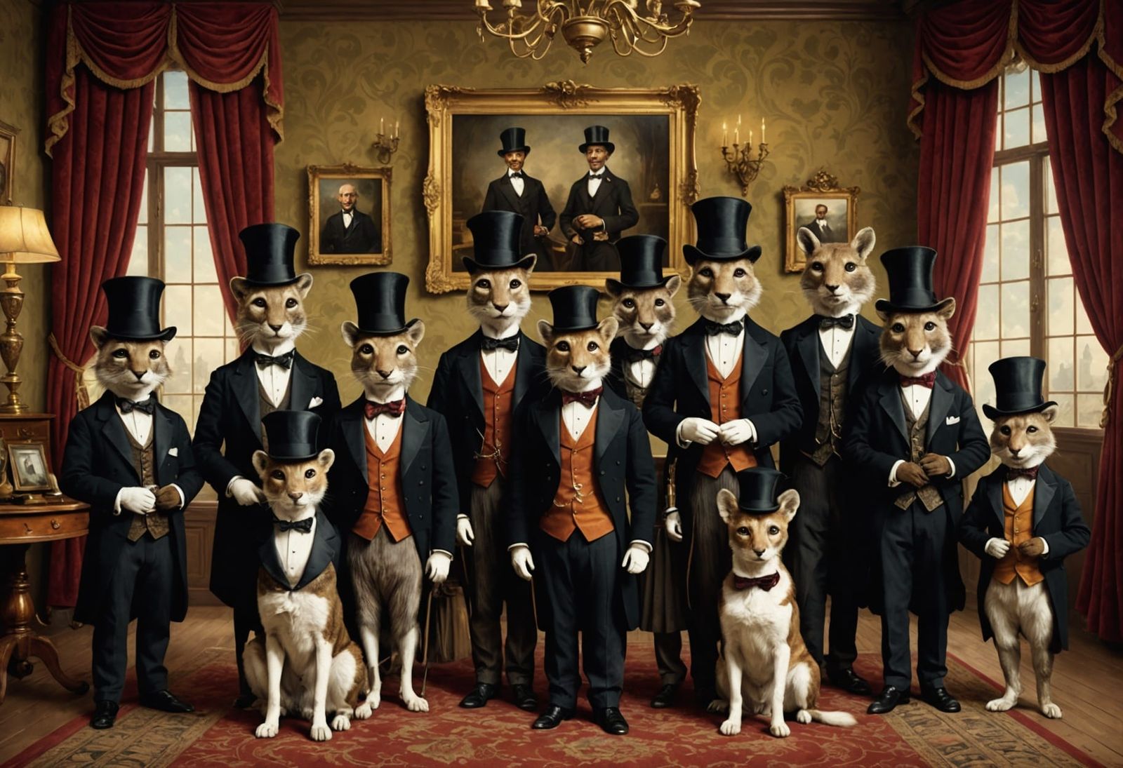 Victorian Animal Family Portrait, Classical Painting Style
