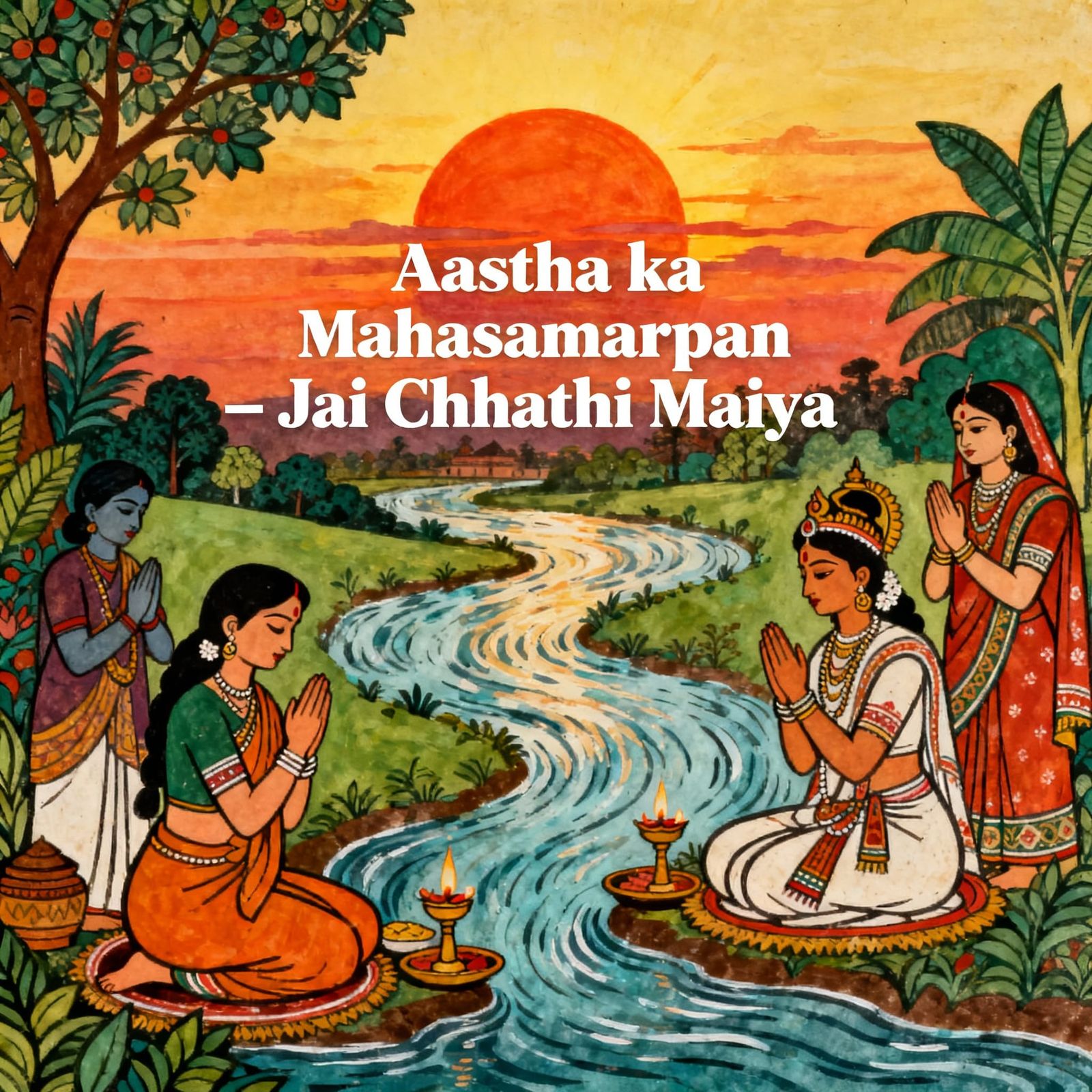 Devotion to Chhathi Maiya in Folk Art Style