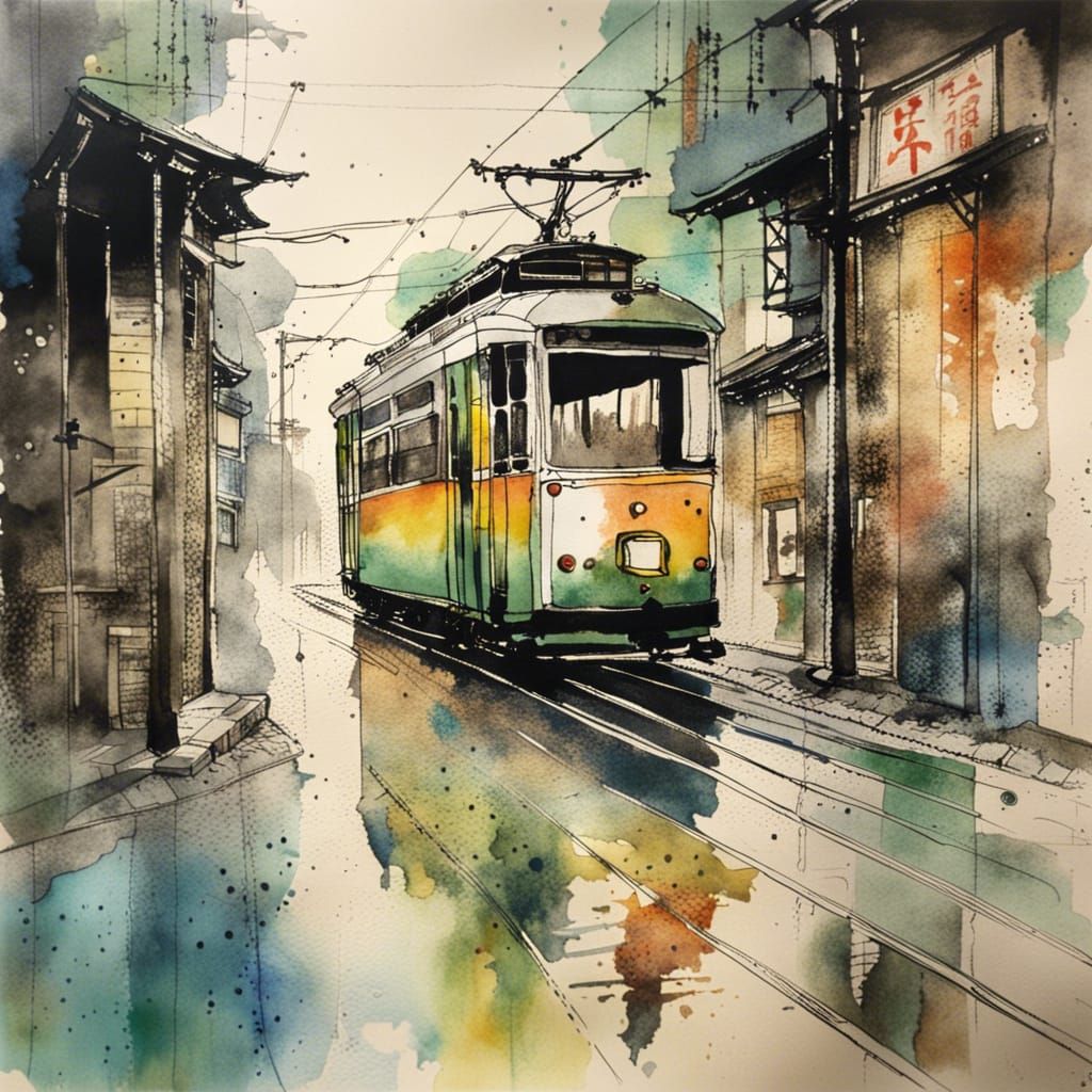 Tram in Japanese City, Watercolor Fantasy Art
