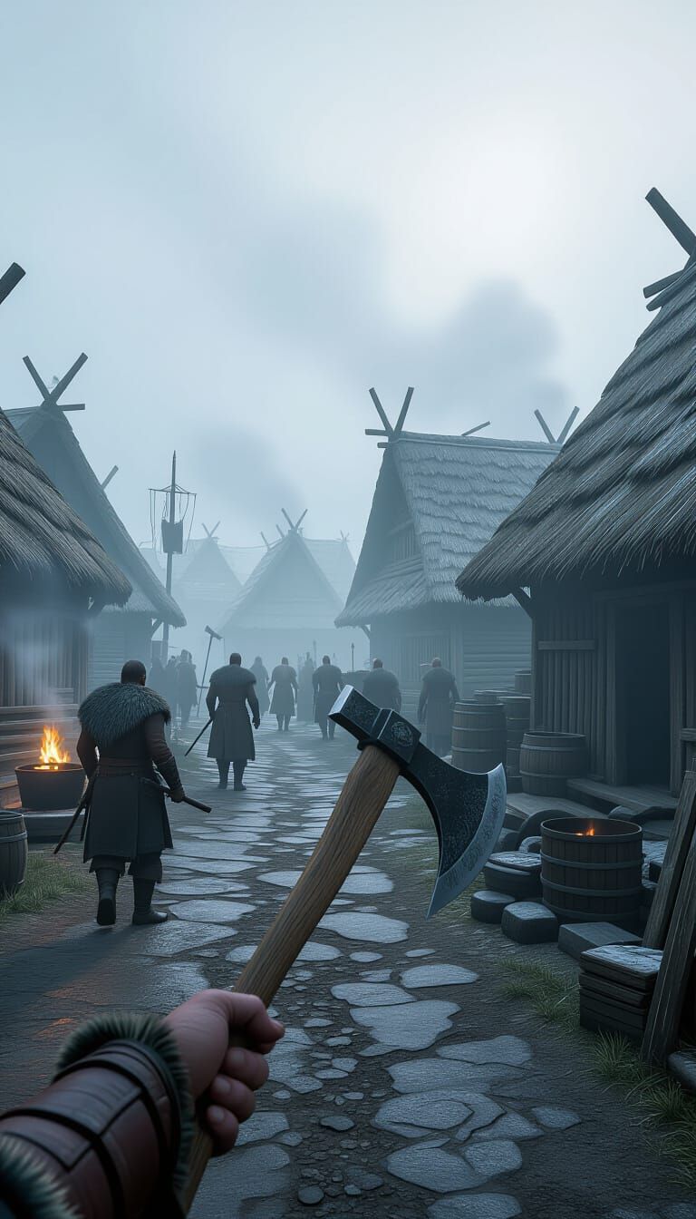 First-Person View of Misty Viking Village Entrance