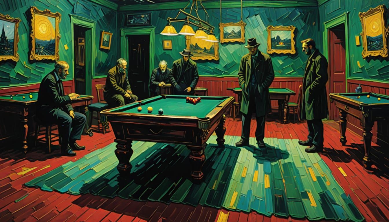 Impasto Night Scene with Distorted Pool Table and Red Walls