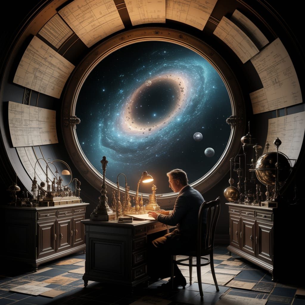 Scholar Contemplating Celestial Charts in Dim Observatory