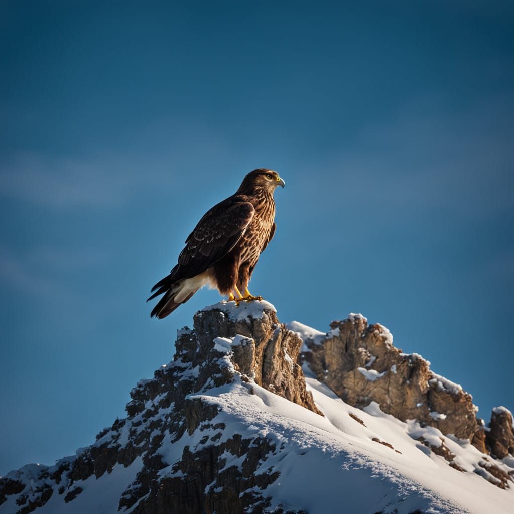 Regal Hawk Surveys Snowy Winter Wonderland in Golden Light