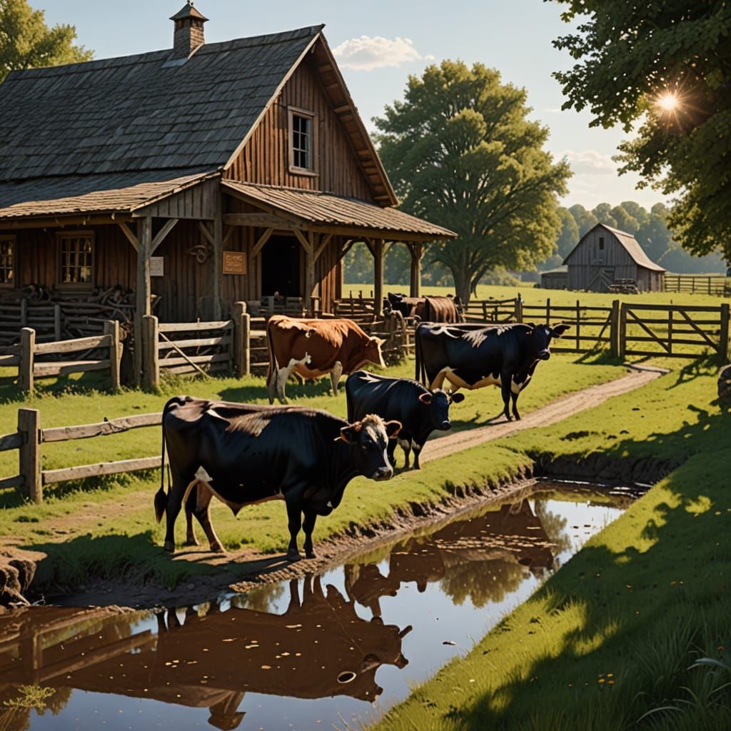 Cows at Trough in Barnyard, Norman Rockwell Style