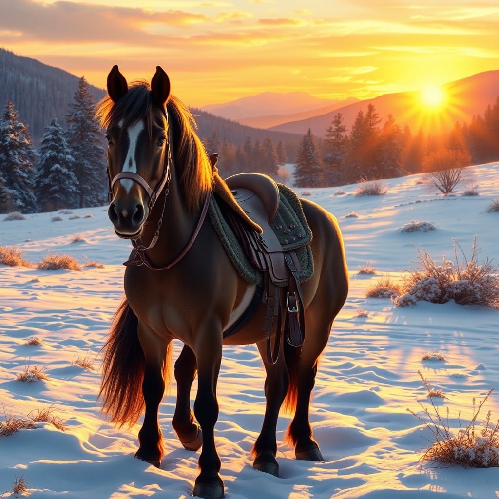 Pony in Snowy Landscape at Sunset, Golden Light