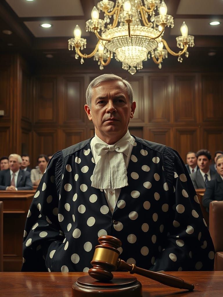 Humorous Polka Dot Judge in Courtroom
