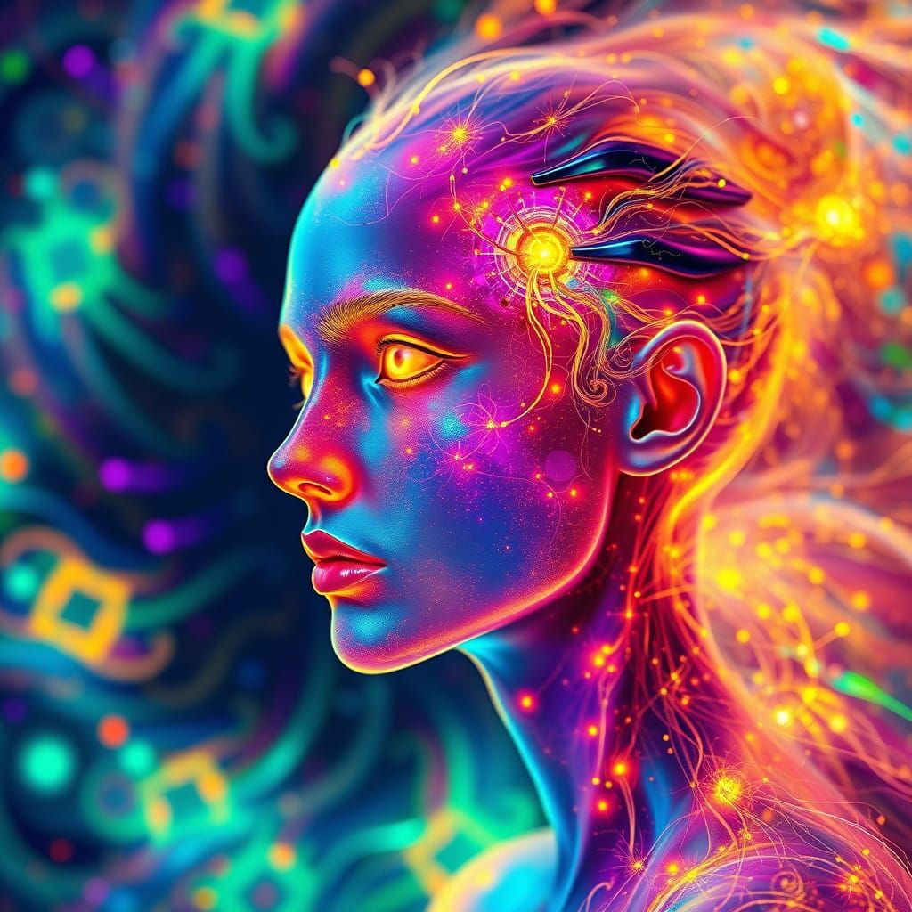 Ethereal Being Radiates Vibrant Energy in Kaleidoscopic Surr...