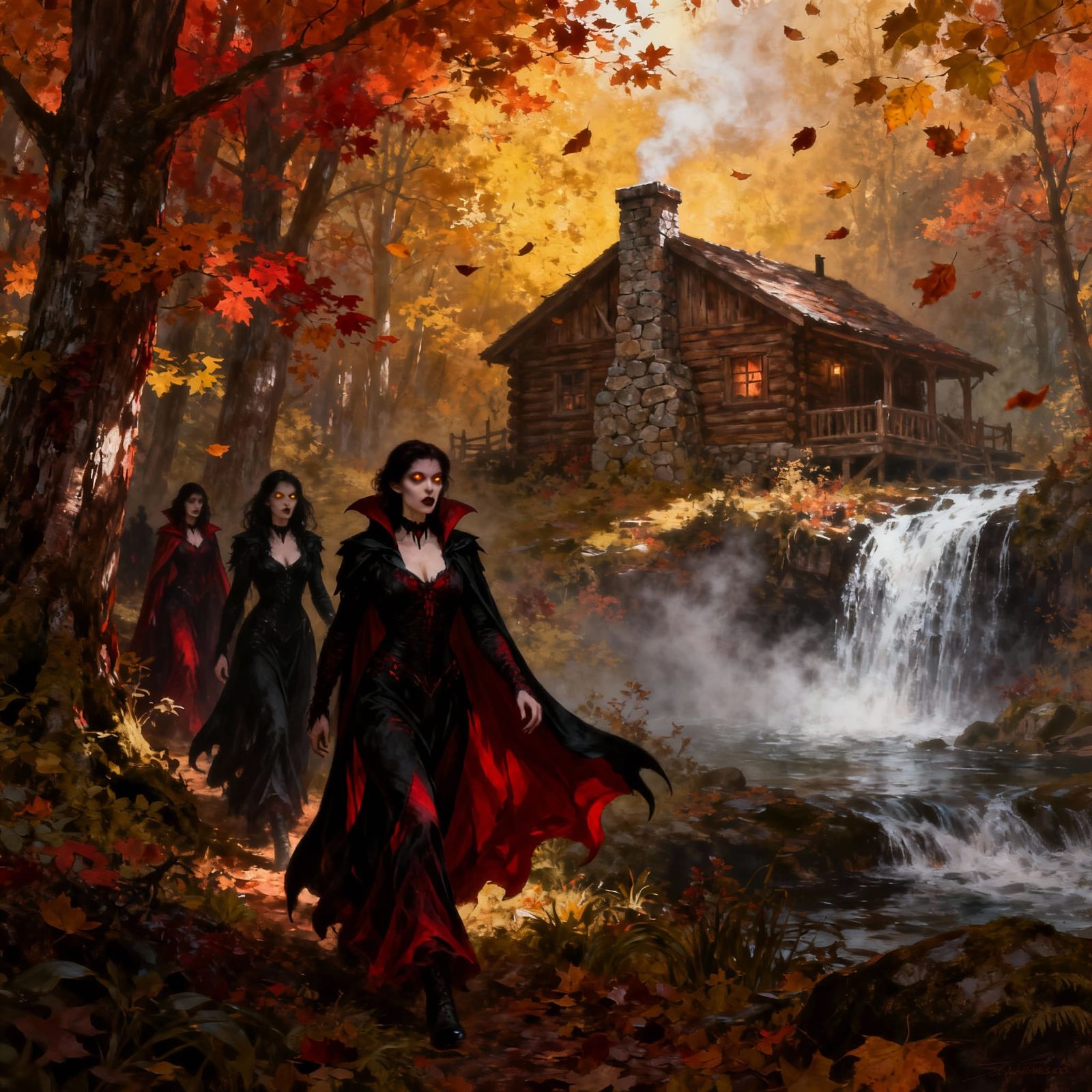 Vampiresses Hunt in Autumn Forest by Waterfall