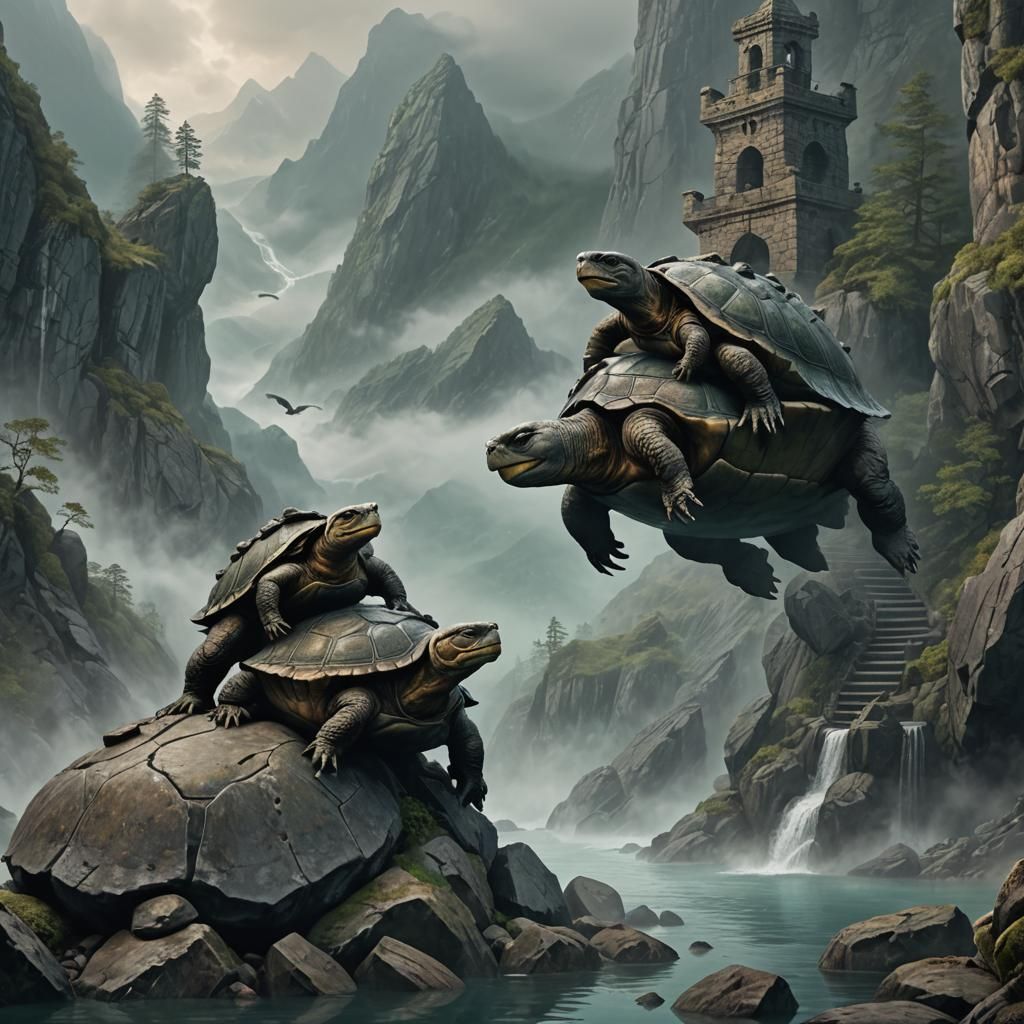 Snapping Turtles Chase on Misty Fjord, Fantasy Art