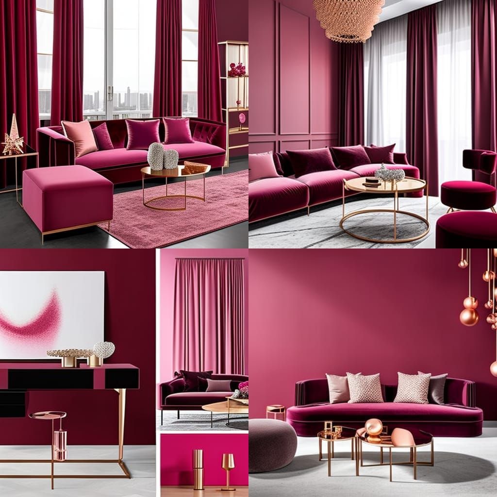 Luxurious wine red loft Apartment with wine red walls with Rosy pink accents& Rose gold accents& Rose gold windows with ...